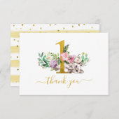 ベビーの猫と花1歳の誕生日ありがとう サンキューカード (正面/裏面)