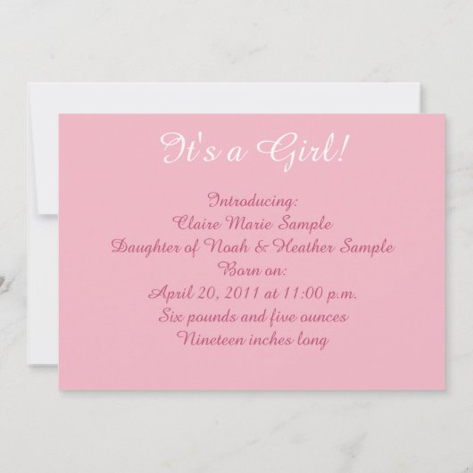 ベビーの発表、女の子のためのキリスト教の聖なる書物、経典 案内状 (裏面)