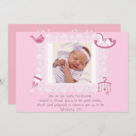 ベビーの発表、女の子のためのキリスト教の聖なる書物、経典 案内状 (正面/裏面)