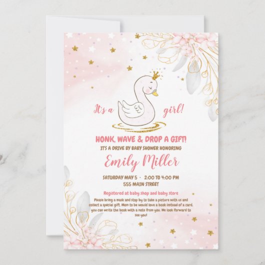ベビーの白鳥が女の子のシャワーの誘いに乗る 招待状 (正面)