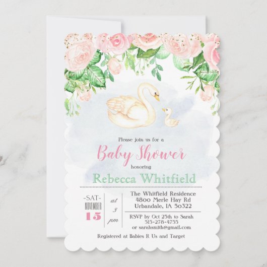 ベビーの白鳥の花のグリッターのベビーシャワーの招待状 招待状 (正面)