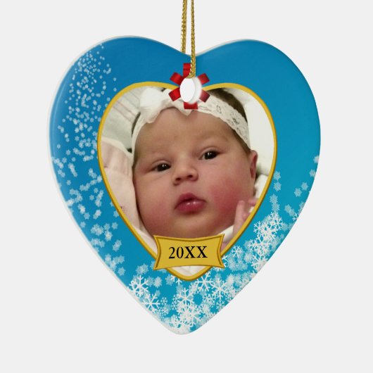 ベビーの第1クリスマスの空色の写真の記念品 セラミックオーナメント (右)