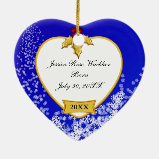 ベビーの第1クリスマスの青いSnowyの写真 セラミックオーナメント (裏面)