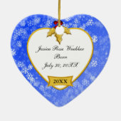 ベビーの第1クリスマスの青および金ゴールドの写真 セラミックオーナメント (裏面)