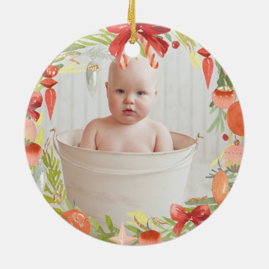 ベビーの第1クリスマス|のかわいいベビーの写真を包んで下さい セラミックオーナメント (裏面)