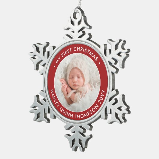 ベビーの第1回クリスマスモダン写真赤と白 スノーフレークピューターオーナメント (右)
