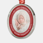 ベビーの第1回クリスマスモダン写真赤と白 メタルオーナメント (左)
