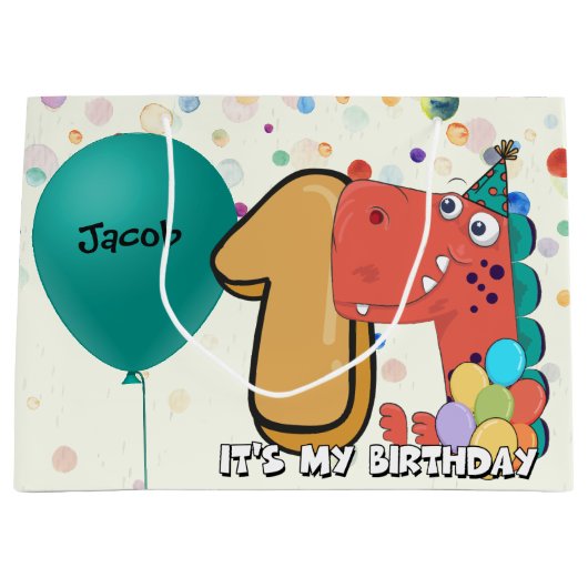 ベビーの第1誕生日の恐竜のカスタム ラージペーパーバッグ (正面)