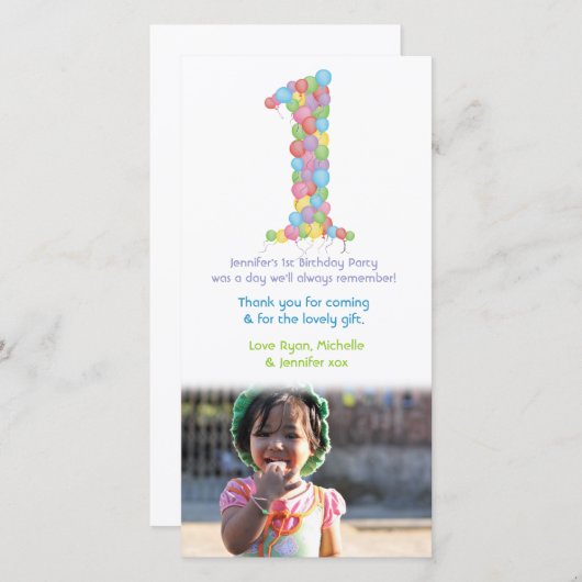 ベビーの第1誕生日の気球は写真カード感謝していしています サンキューカード (正面/裏面)