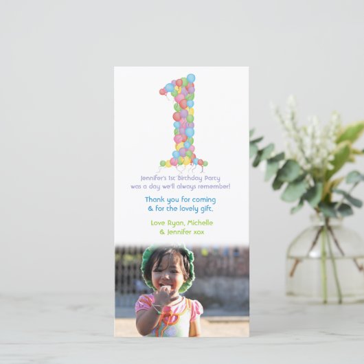 ベビーの第1誕生日の気球は写真カード感謝していしています サンキューカード (スタンド正面)