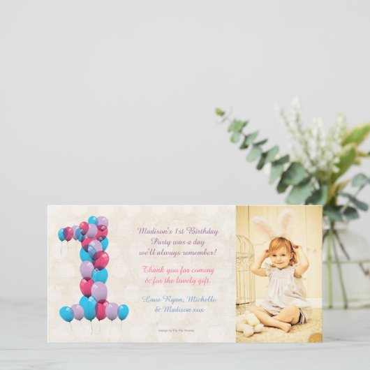 ベビーの第1誕生日の気球は写真カード感謝していしています サンキューカード (スタンド正面)