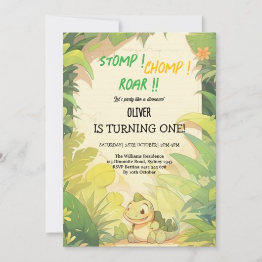 ベビーの緑の恐竜の誕生日招待状 招待状 (正面)