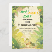 ベビーの緑の恐竜の誕生日招待状 招待状 (正面/裏面)