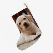 ベビーの腹に置いている黄色いラブラドールの小犬 スモールクリスマスストッキング (裏面 (吊り時))