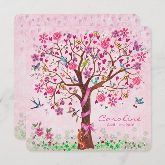 ベビーの花の木 | 出産発表の少女 案内状 (正面/裏面)