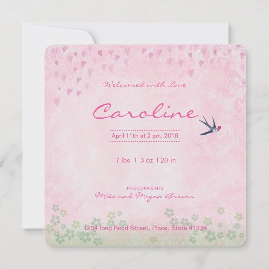 ベビーの花の木 | 出産発表の少女 案内状 (裏面)