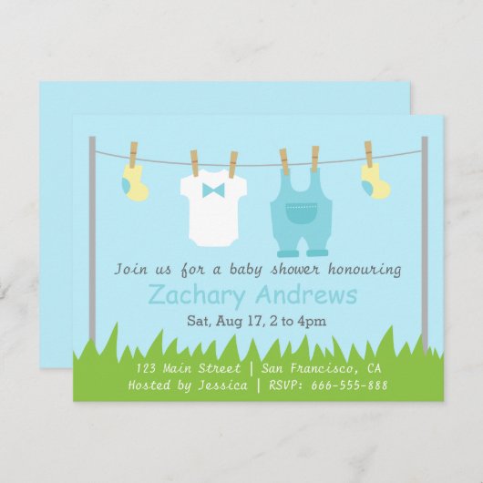 ベビーの衣服が付いているかわいい男の赤ちゃんのシャワー 招待状 (正面/裏面)