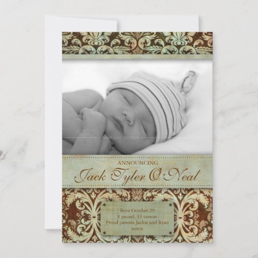 ベビーの誕生の発表のヴィンテージのブラウンの緑 案内状 (正面)
