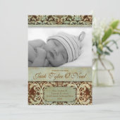 ベビーの誕生の発表のヴィンテージのブラウンの緑 案内状 (スタンド正面)