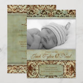 ベビーの誕生の発表のヴィンテージのブラウンの緑 案内状 (正面/裏面)