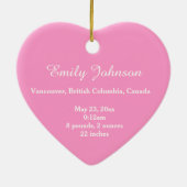 ベビーの誕生レコードのクリスマスオーナメント。ピンク セラミックオーナメント (裏面)