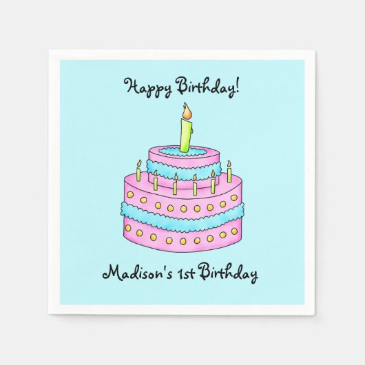 ベビーの誕生日ケーキ名パーソナライズされた スタンダードカクテルナプキン (正面)