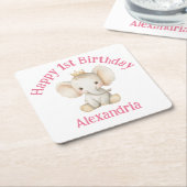 ベビーの誕生日パーソナライズされたゾウ スクエアペーパーコースター (アングル)