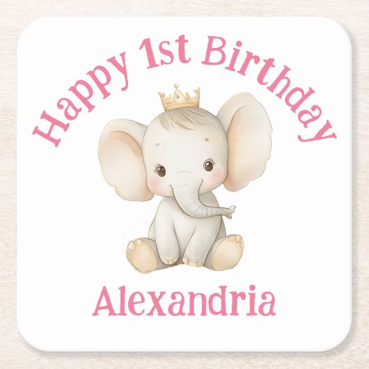 ベビーの誕生日パーソナライズされたゾウ スクエアペーパーコースター (正面)