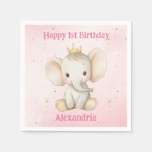 ベビーの誕生日パーソナライズされたゾウ スタンダードカクテルナプキン (正面)