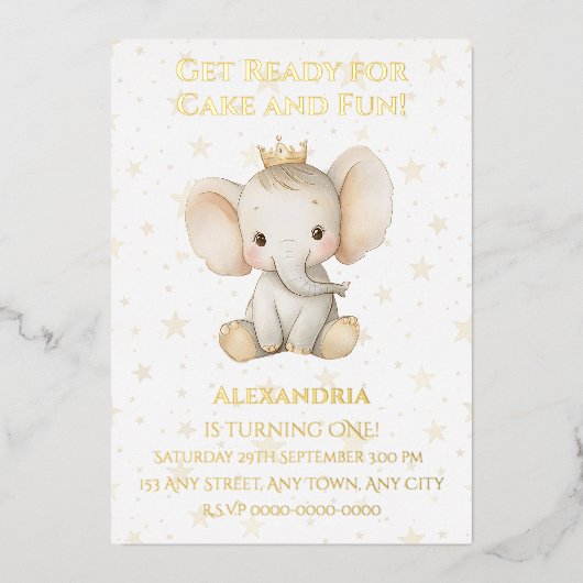 ベビーの誕生日パーソナライズされたゾウ 箔招待状 (正面)
