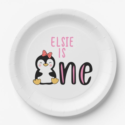 ベビーの誕生日1回目の名前ペンギンかわいい ペーパープレート (正面)