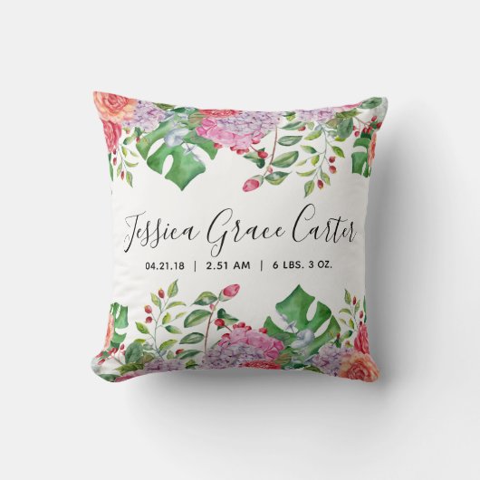 ベビーの誕生Statsの水彩画の熱帯花の装飾 クッション (正面)