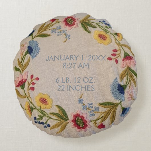 ベビーの誕生Stats |の花の刺繍の一見の子供部屋 ラウンドクッション (裏面)