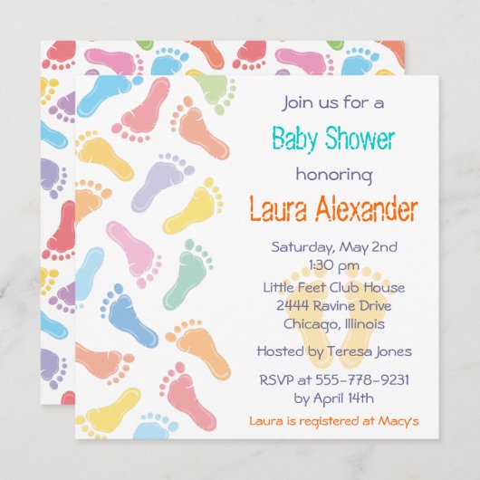 ベビーの足跡のベビーシャワーの招待状 招待状 (正面/裏面)