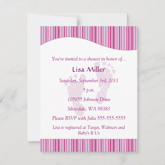 ベビーの足跡のベビーシャワー-ピンク 招待状 (正面)