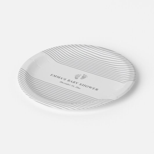 ベビーの足跡の灰色のストライプのベビーシャワーのプレート ペーパープレート (アングル)