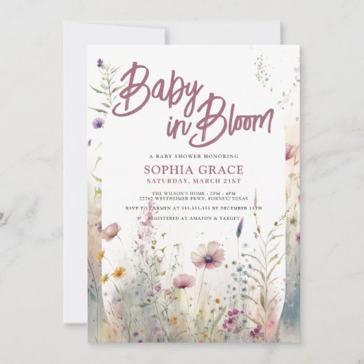 ベビーの開花お洒落ワイルドフラワーベビーシャワー 招待状 (正面)