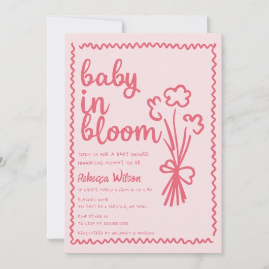 ベビーの開花お洒落手描き女の子ベビーシャワー 招待状 (正面)