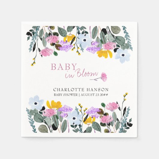 ベビーの開花かわいらしワイルドフラワー芝生 スタンダードカクテルナプキン (正面)