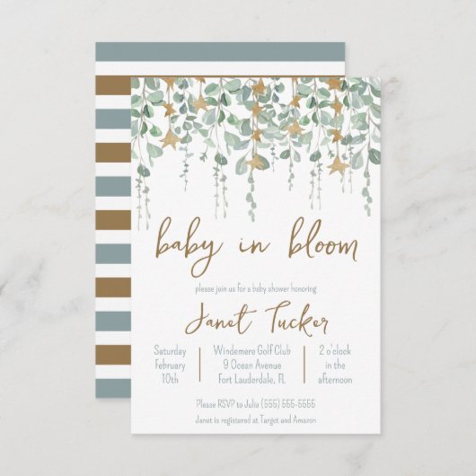 ベビーの開花と星の赤ちゃんシャワー 招待状 (正面/裏面)