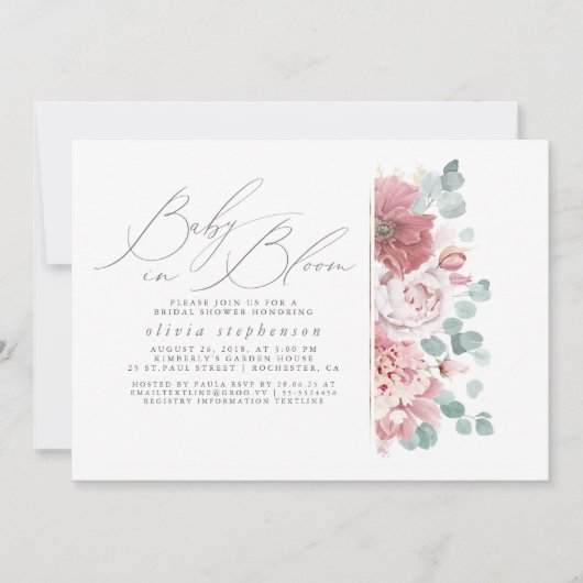 ベビーの開花ほこりっぽいピンクの花ベビーシャワー 招待状 (正面)