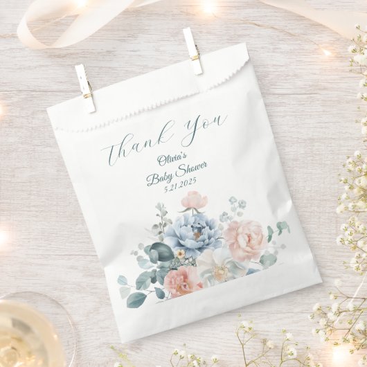 ベビーの開花ほこりっぽいブルーピーニーベビーシャワー フェイバーバッグ (クリップ留めされた状態)