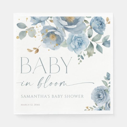 ベビーの開花ほこりっぽいブルーフローラ男の子のシャワー スタンダードランチョンナプキン (正面)