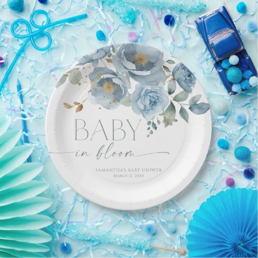 ベビーの開花ほこりっぽいブルーフローラ男の子のシャワー ペーパープレート (パーティー)