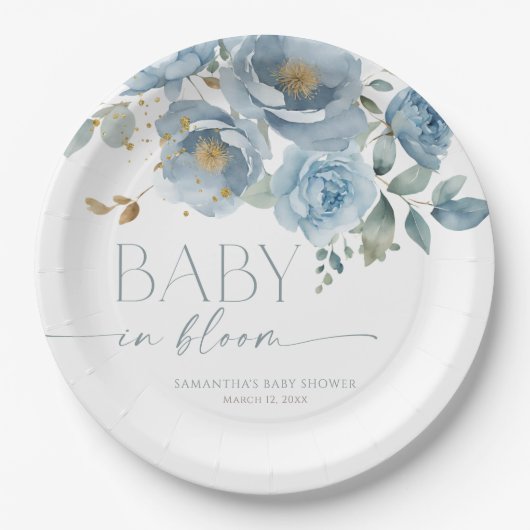 ベビーの開花ほこりっぽいブルーフローラ男の子のシャワー ペーパープレート (正面)
