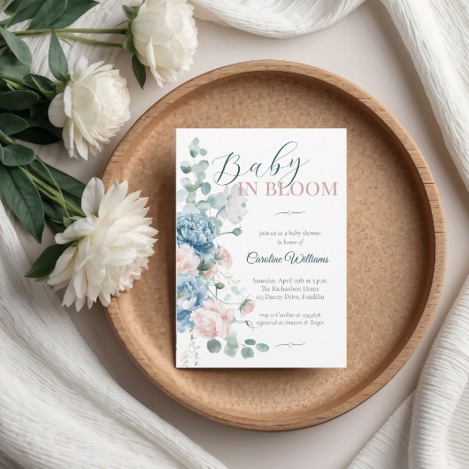 ベビーの開花ほこりっぽいブルーベビーシャワー 招待状