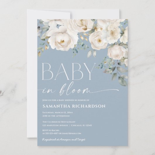 ベビーの開花ほこりっぽい青い白いフローラの男の子シャワー 招待状 (正面)