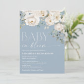 ベビーの開花ほこりっぽい青い白いフローラの男の子シャワー 招待状 (スタンド正面)