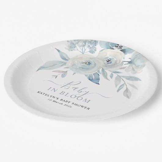 ベビーの開花ほこりっぽい青い花の赤ちゃんシャワー ペーパープレート (アングル)
