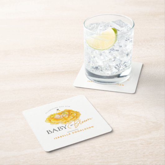 ベビーの開花ウィムシー水の色の黄色の赤ちゃんシャワー スクエアペーパーコースター (インサイチュ)
